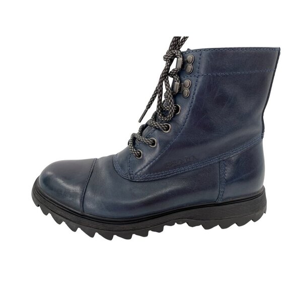 Prada Mens Blue Leather Lace-Up Ankle Boots Rugged Soles Size 8.5 Authentic - Picture 1 of 11